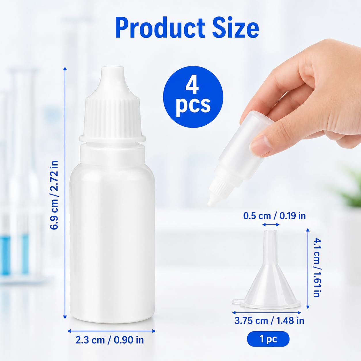 5 PCS (4 Bottles + 1 Funnel) 15ml (0.5oz) Small Plastic Dropper Bottles - Empty, White Eye Liquid Dropper Bottles, Squeezable & Portable Travel Containers for Eye Drops, Refillable with Cap and Plug