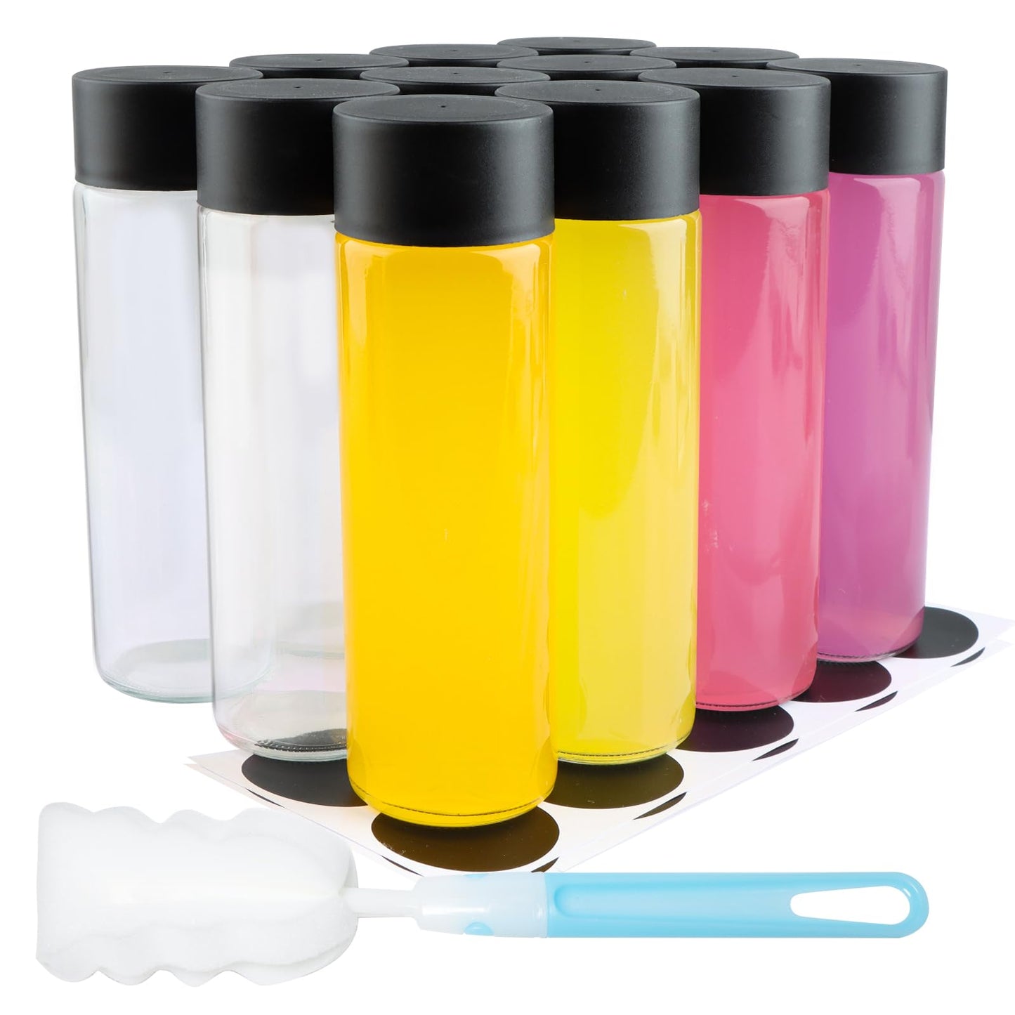 HWASHIN 12 Pack 12oz Glass Water Bottles, 350ml Empty Glass Drink Bottles with Black Lids, Brush & Labels, Clear Reusable Juice Bottles for Juicing, Homemade Smoothies, Beverages