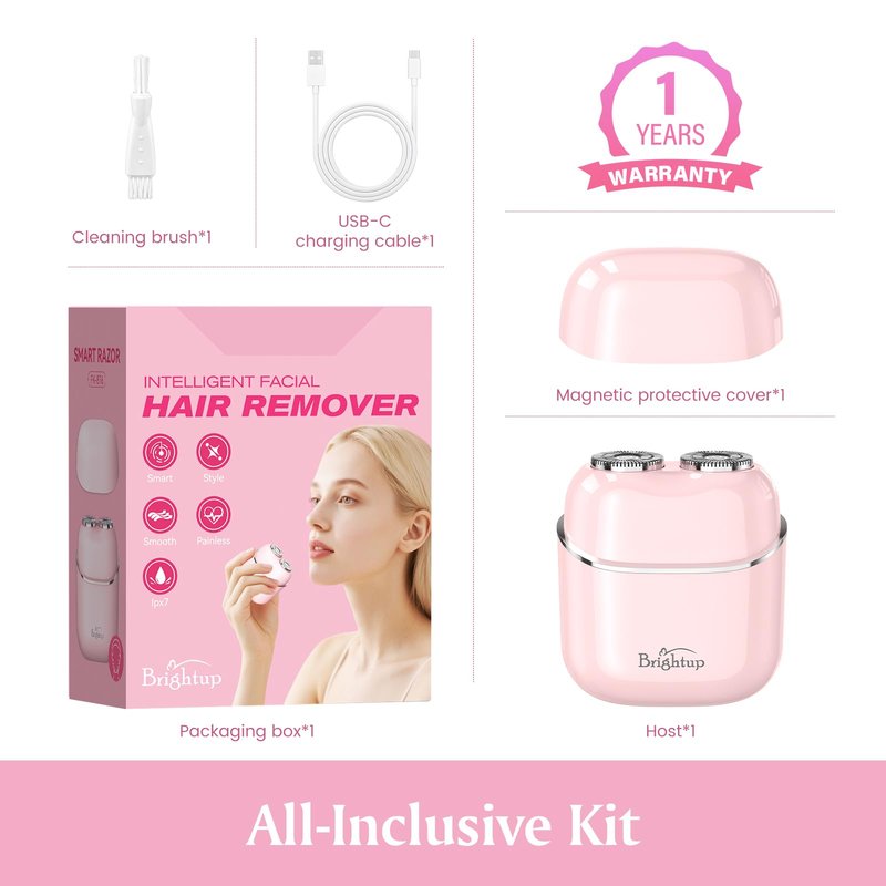 Brightup Facial Hair Removal for Women - Painless Electric Face Shaver for Peach Fuzz & Sensitive Skin, USB-C Chargeable Hair Shaver for Upper Lip & Chin,IPX7 Portable for Smooth Skin at Home & Travel