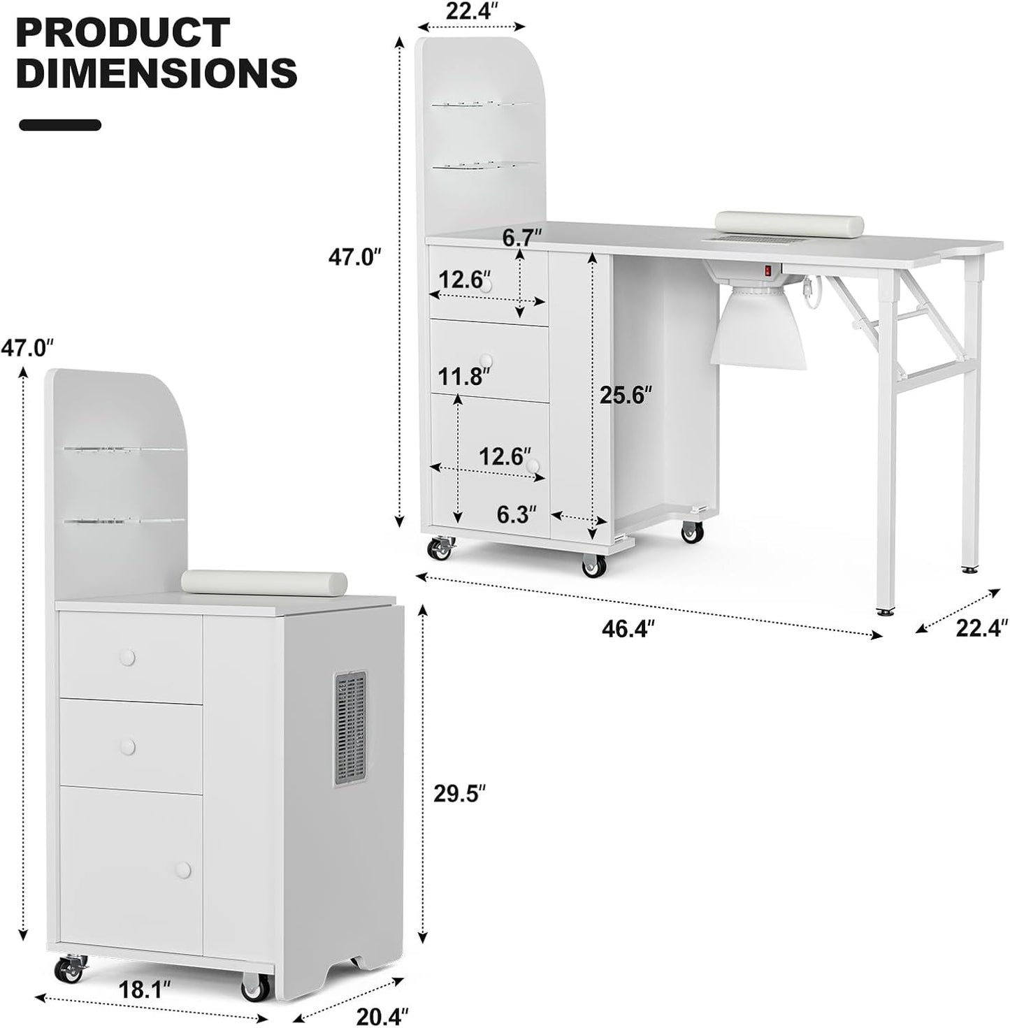 Foldable Nail Desk - Manicure Table Station with Dust Collector, 2 Shelves & Drawers | Portable Design with Lockable Wheels