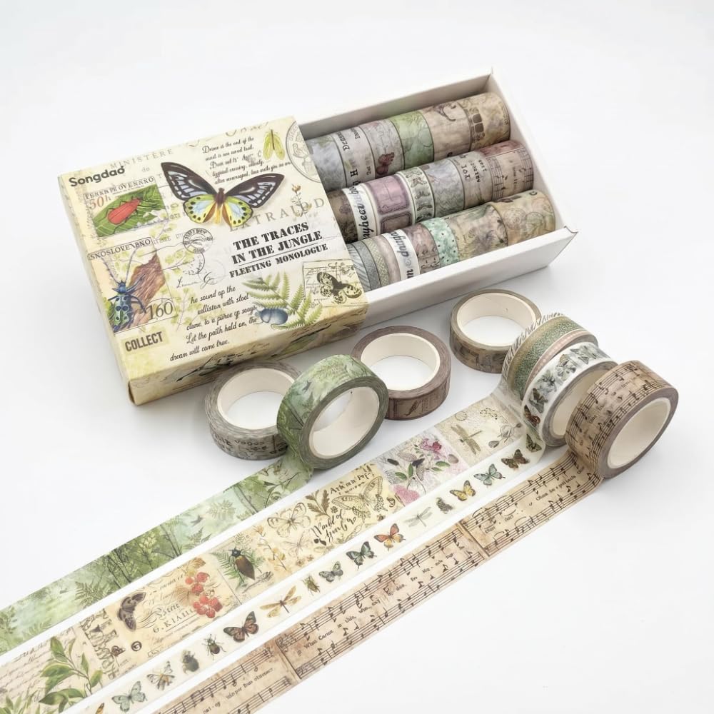 Vintage Washi Tape Set - 20 Rolls of Floral, Butterfly & Botanical Designs | 5-25mm Wide, 6.56ft/Roll for Scrapbooking & Journaling