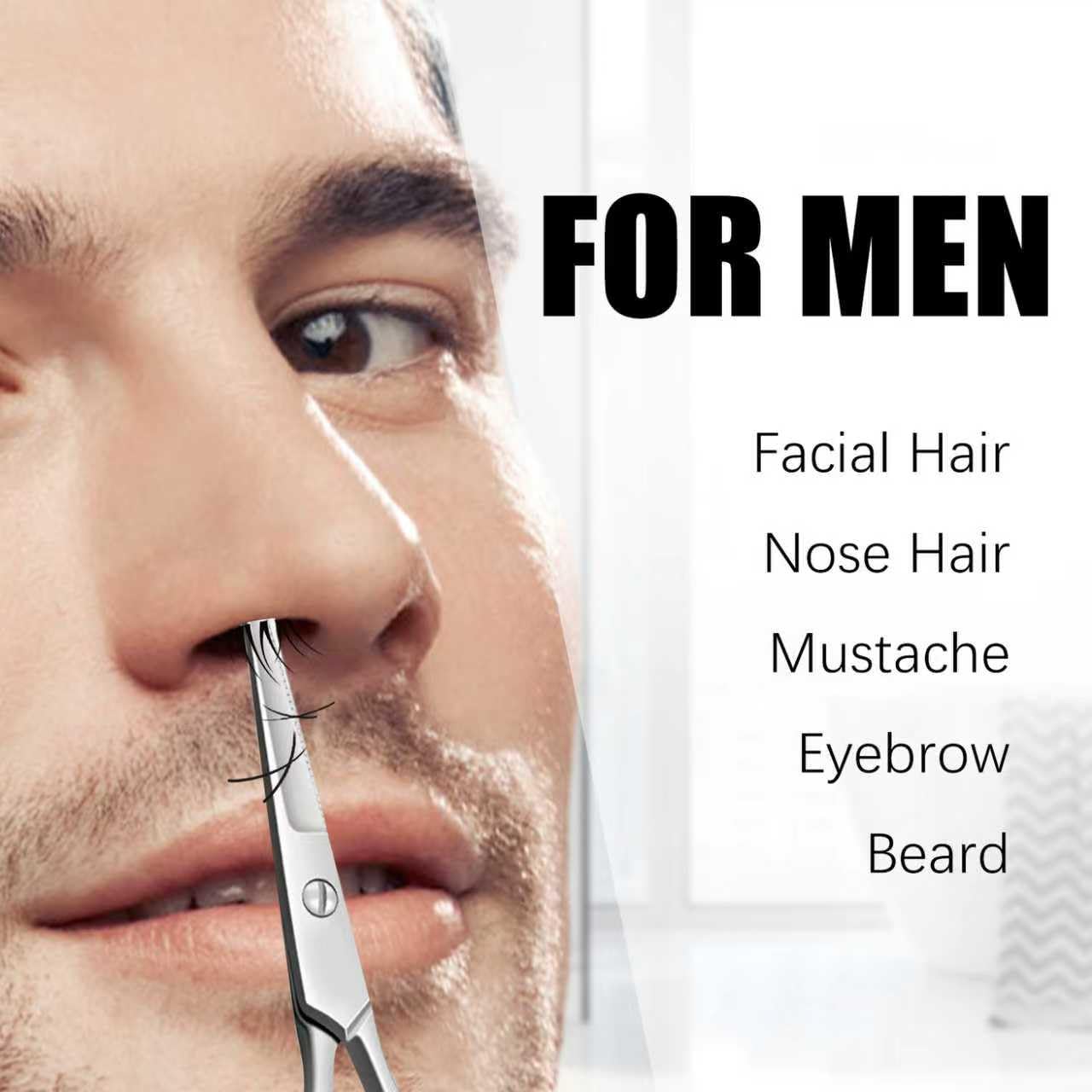 Facial Hair Scissors for Men Women - Eyebrow, Nose Hair, Beard, Eyelashes, Moustache, Ear Hair Trimming Kit, Curved and Rounded Safety Tips-2PCS Silver