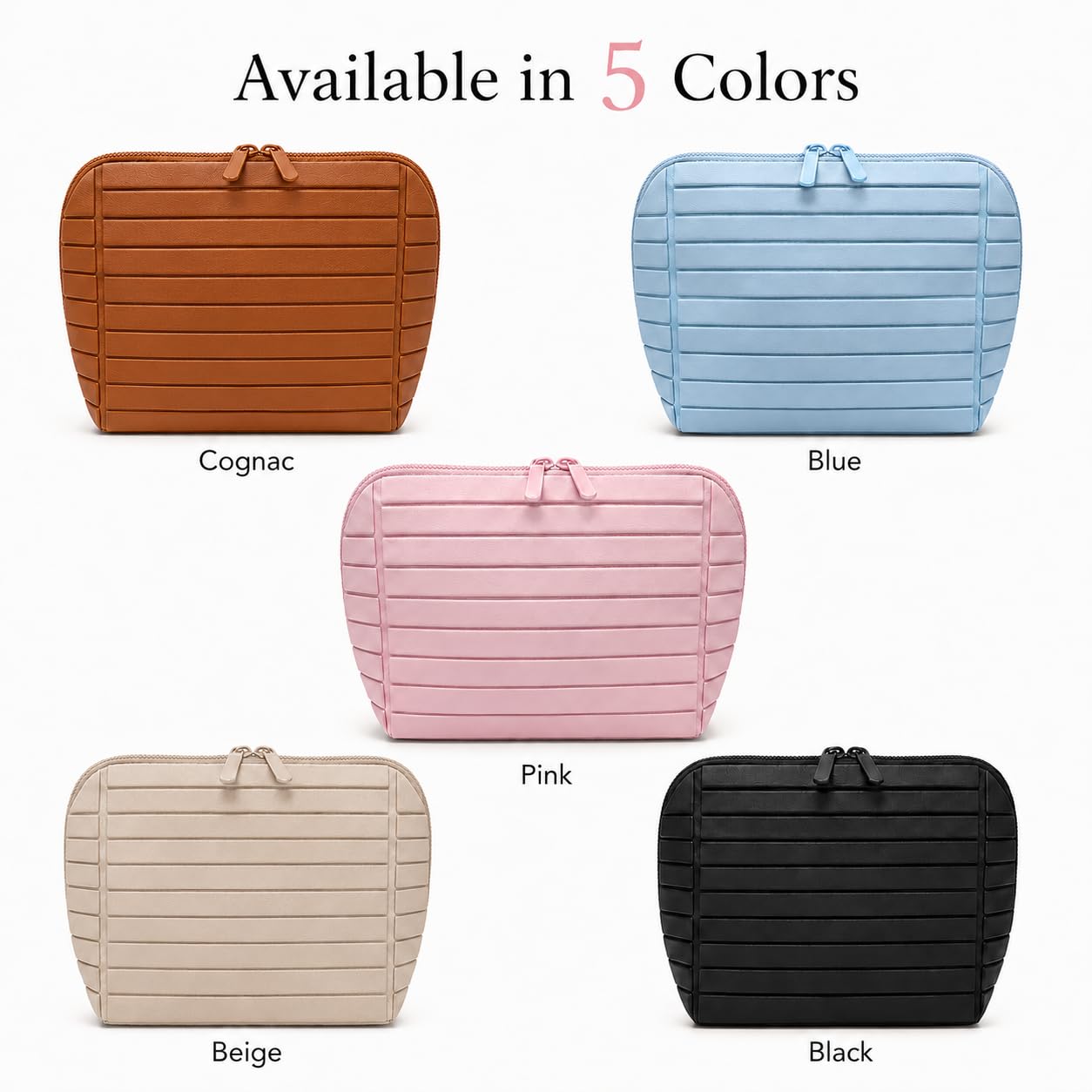 Travel Makeup Bag for Women, Fold Down Stand-Up Striped Makeup Organizer with Adjustable Dividers, 27 Pockets, 3 Brush Holders, Waterproof PVC Cosmetic Toiletry Bag for Travel, Beige