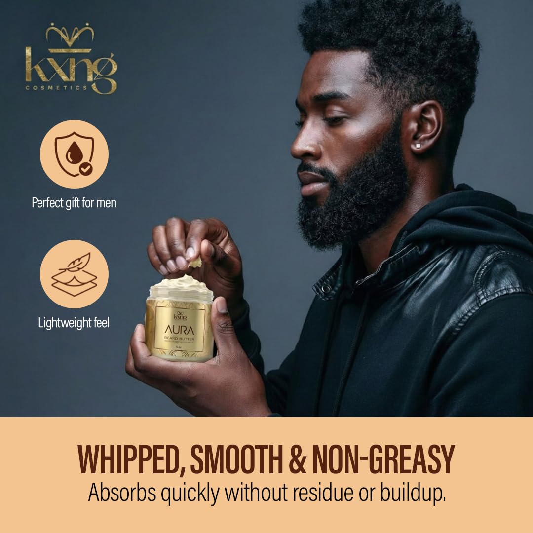 KXNG Cosmetics Luxury Beard Butter for Men – 5oz | Premium Deep Conditioning Beard Moisturizer with Shea & Natural Oils | Softening Balm for Black Men’s Beards & All Beard Types | Aura