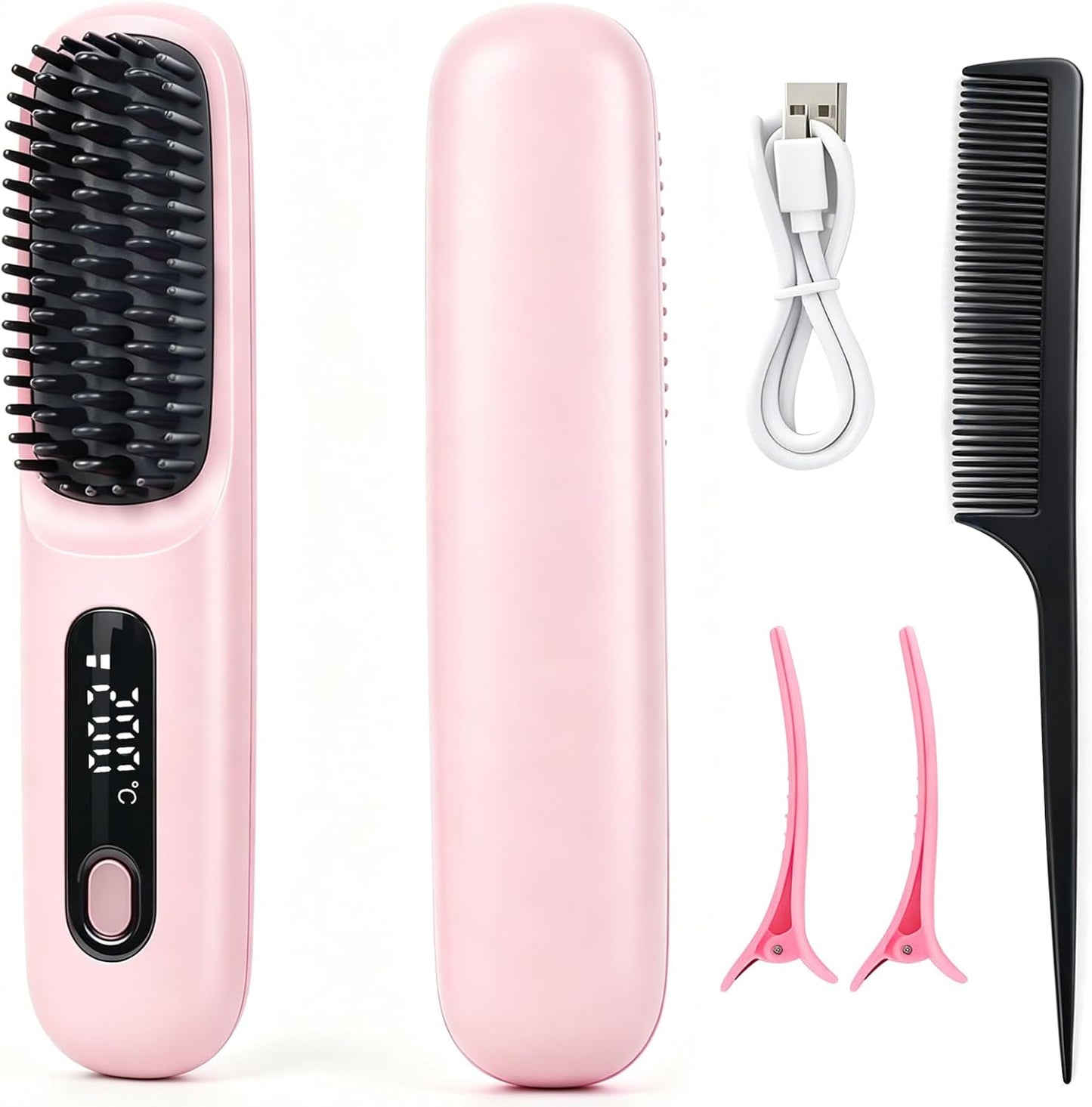 Cordless Hair Straightener Brush - Ionic Frizz-Free, Fast Heating 20s, 3200mAh USB-C | Portable for Travel