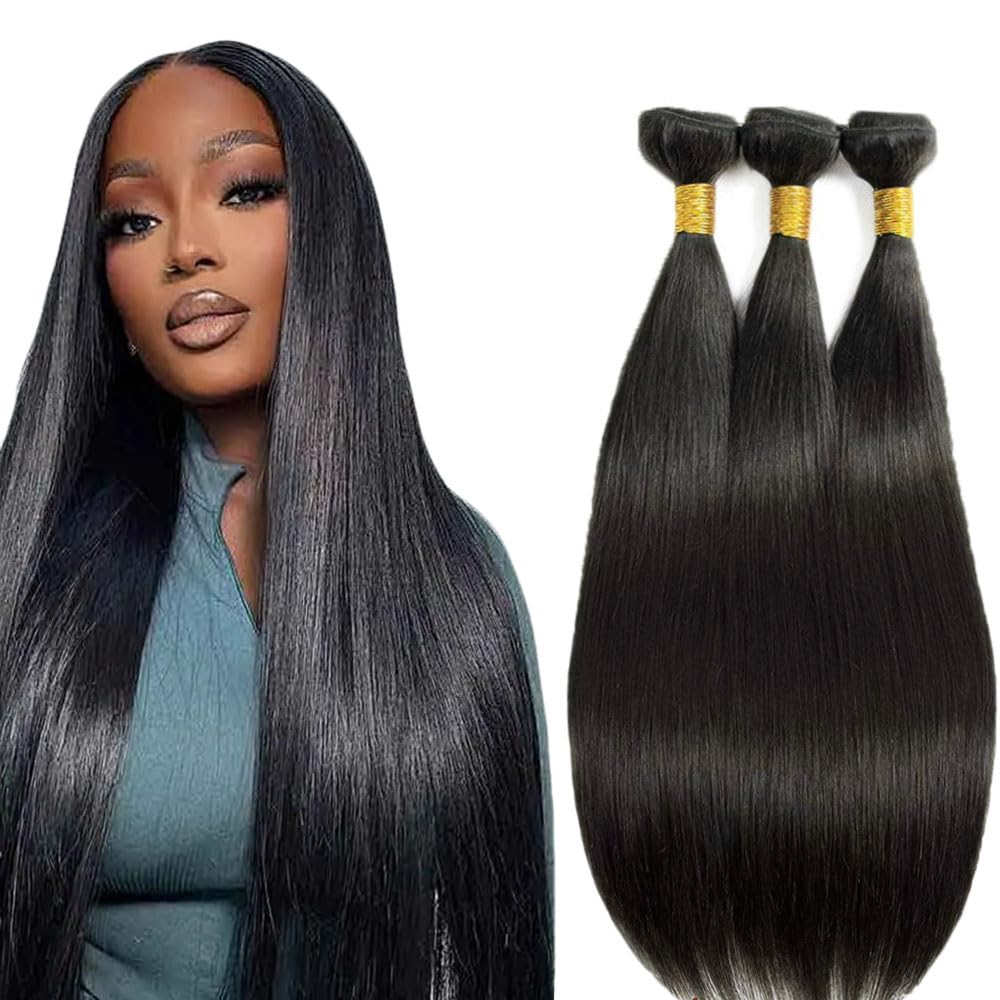 Straight Bundles Human Hair Bundles 28 30 32 Inch #1B Natural Black Color Straight 3 Bundle Unprocessed Brazilian Virgin Weave Hair Extensions 50 Gram Per Bundle for Black Women