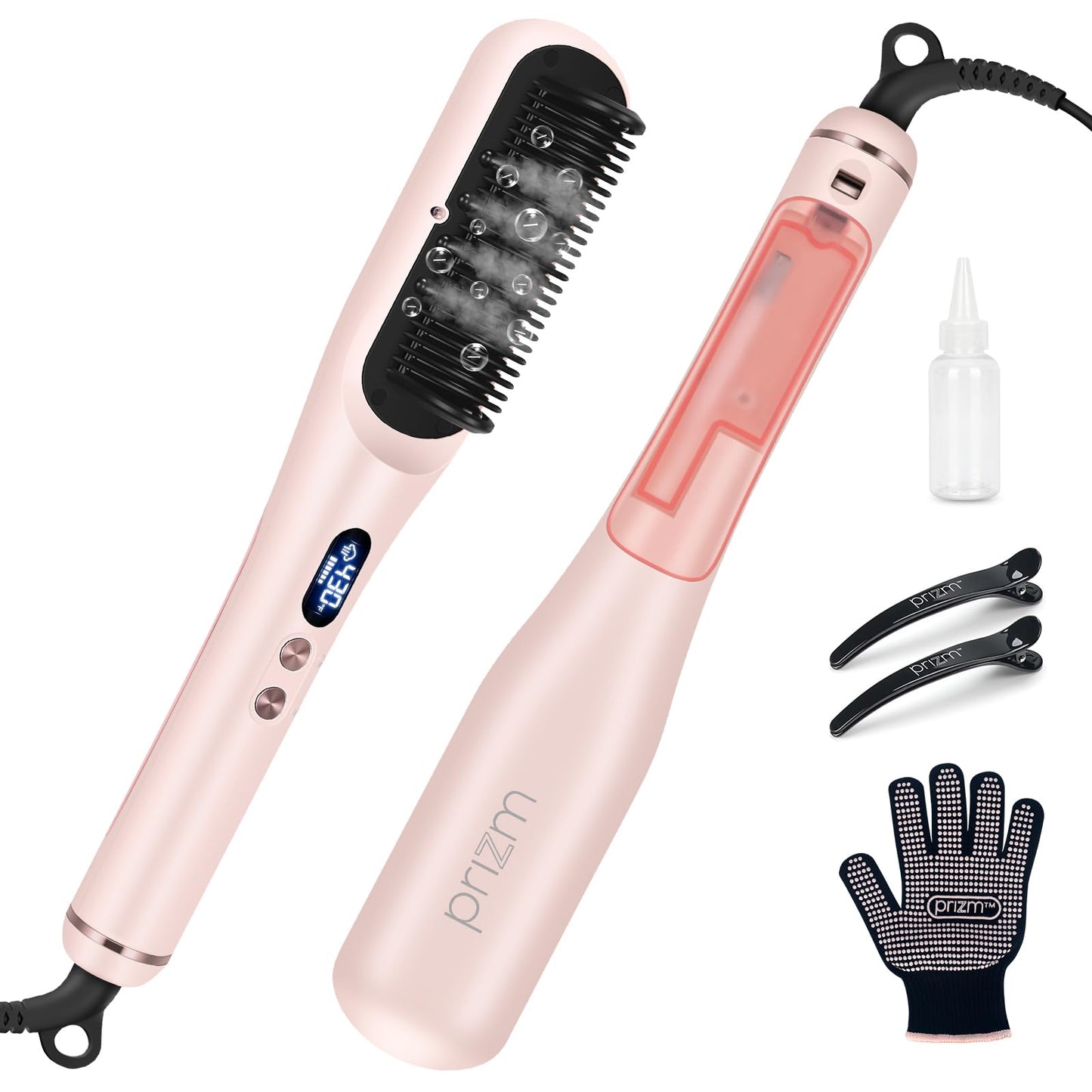 Prizm Pro Steam Hair Straightener Brush - Ionic Steam Straightening Brush for Curly Hair, Anti-Scald Ceramic Straightener Comb with LCD Display for Super Smooth, Frizz Free Hair, 4 Heat Settings, Pink