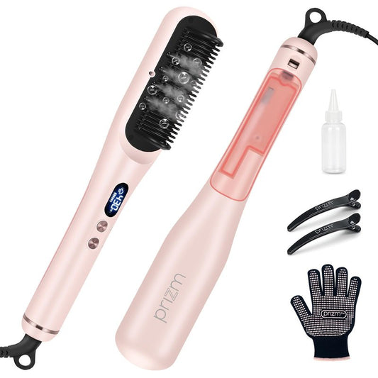 Prizm Pro Steam Hair Straightener Brush - Ionic Steam Straightening Brush for Curly Hair, Anti-Scald Ceramic Straightener Comb with LCD Display for Super Smooth, Frizz Free Hair, 4 Heat Settings, Pink