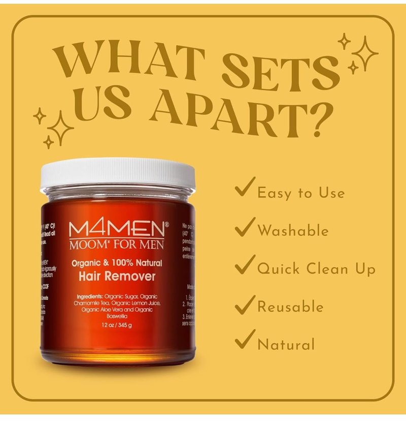 MOOM Organic Sugar Wax Men Hair Removal Kit with 12 oz Sugar wax with 48 Reusable Wax Strips for Face, Chest, Back & Legs - Natural Waxing Kit for Men, Soft Wax Alternative - (Sticks not Included)
