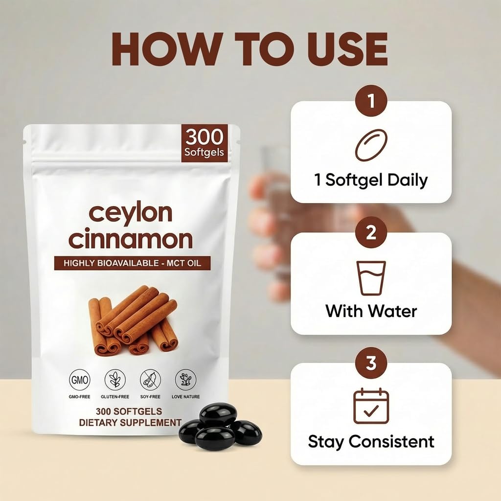 ZRRTXV Ceylon Cinnamon Softgels 𝟳𝟮𝟬𝟬𝙢𝙜 with MCT Oil, Herbal Extract Cinnamon Supplements, Non-GMO, Gluten Free, 300 Soft Gels