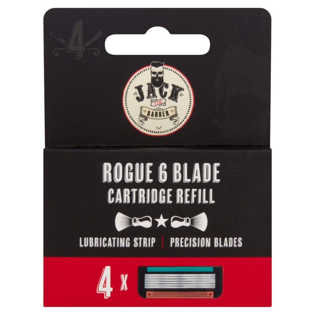 Jack the Barber 6-Blade Razor Cartridge Refills, Nano-Coated Stainless Steel, Vitamin E and Aloe Vera Lubricating Strips, 4-Pack