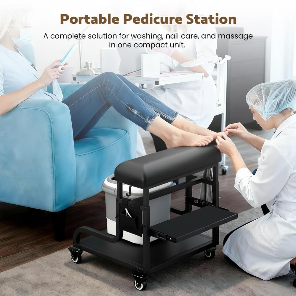 Adjustable Pedicure Foot Rest with 3-Level Height, PU Cushion, Storage & Locking Wheels, Mobile Pedicure Cart Foot Bath Trolley for Foot Bath, Salon & Spa (Black)