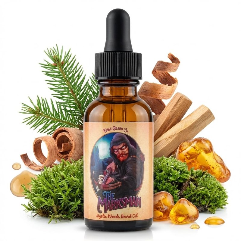 Fable Beard Co. Beard Oil - The Marksman, Crisp Pine & Warm Cedar Scented, Natural Beard Oil for Men with Jojoba & Argan Oils, Vitamin E, Beard Hair Softener, Made in USA (1 Fl Oz)