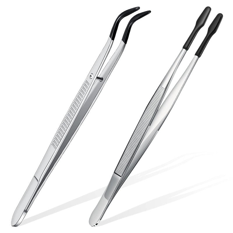 2 Piece Tweezers with Rubber Tips Set - Bent and Straight Flat Tips Tweezers PVC Coated for Stamp Coins Jewelry Crafts, Electronics(Silver, Black)