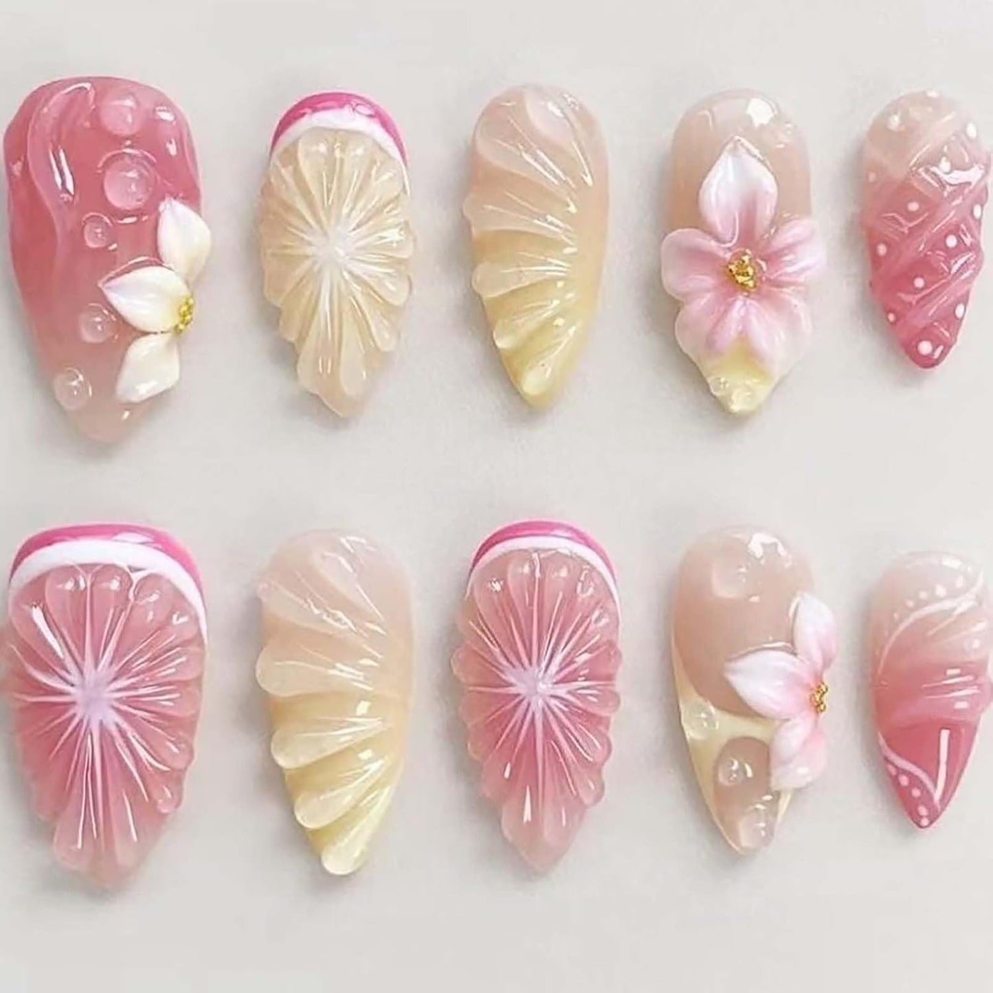 Press-On Nails - 24Pcs Medium Almond Beach Flower Design | Full Cover Acrylic with Shell & Starfish Rhinestones