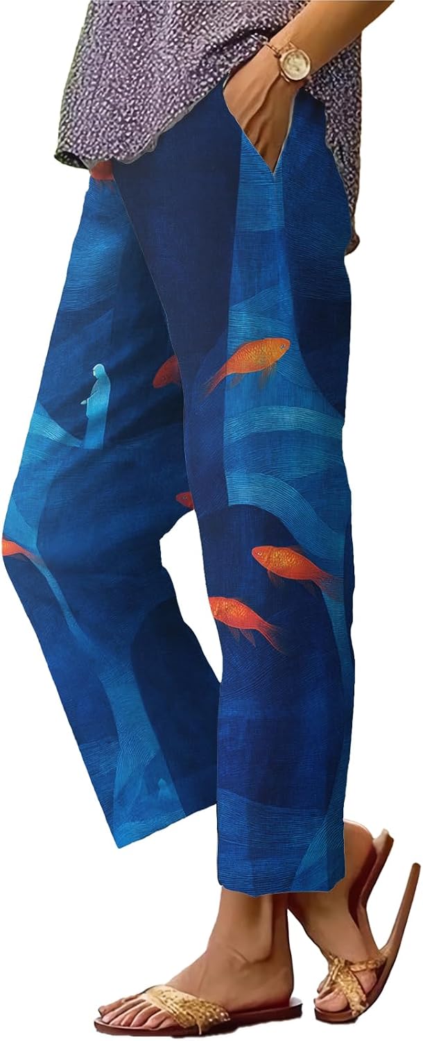 Womens Plus Size Floral Boho Capris - Elastic Waist Beach Trousers | Casual Summer Pants