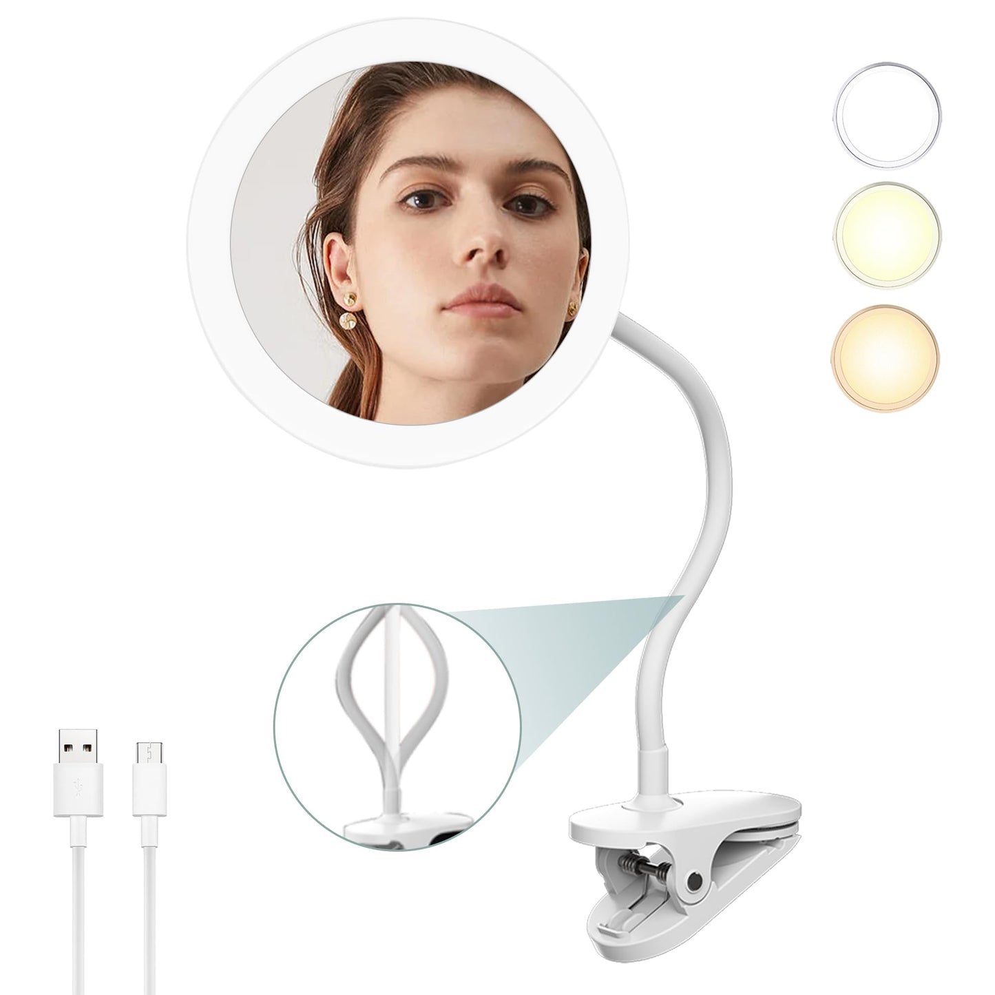 TUSHENGTU 6.5" Clip-On Magnifying Vanity Mirror - 5X Magnification, USB Rechargeable, Lighted, Travel-Friendly (White)