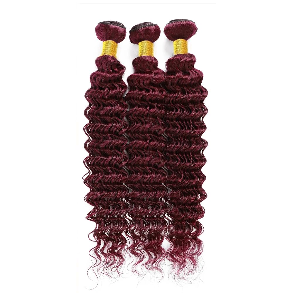 #99J Wine Red Human Hair Bundles Deep Wave Bundles 30 30 30 Inch Burgundy Unprocessed Brazilian Virgin Hair 3 Bundle 50 Gram Per Bundle Deals Quick Weave Hair Extensions