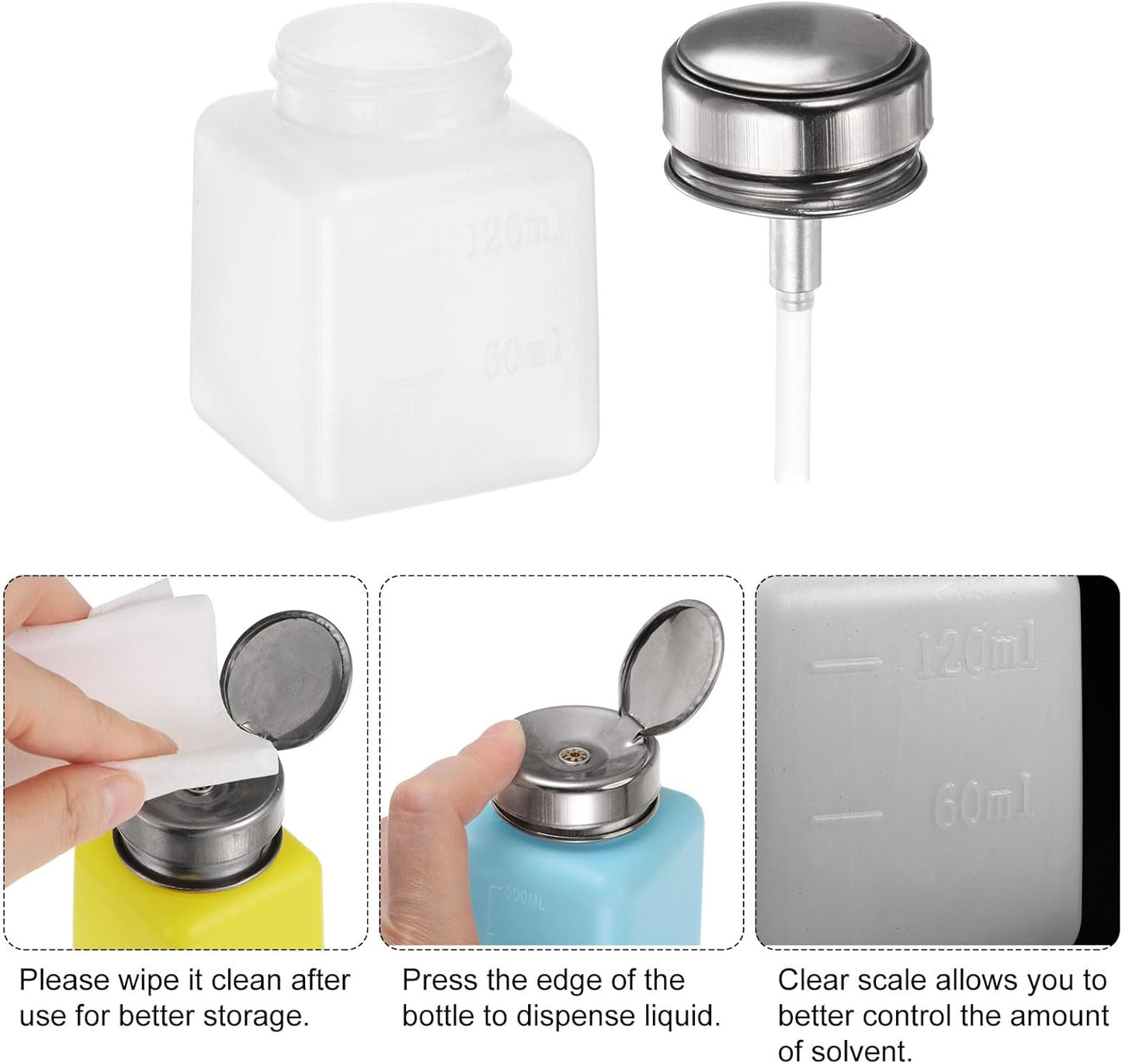 Harfington 3pcs Alcohol Dispenser Pump Bottles - 120ml Push Down with Stainless Steel Lid | White