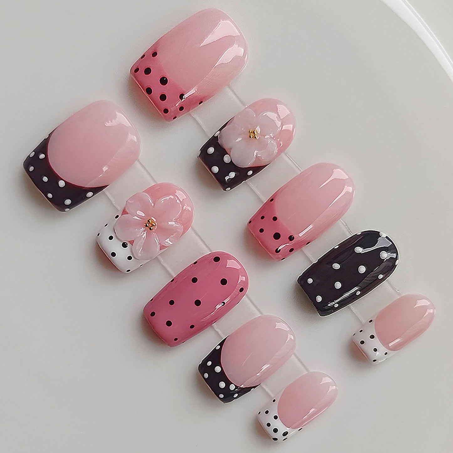 Gleamrain Pink Press on Nails Handmade Short Square-Ins Style M Size-Daily Wear Y2K Cute French Artificial Nails Press Ons Polka Dot and 3D Flower Design for Women 10Pcs Gleamrain Design 405