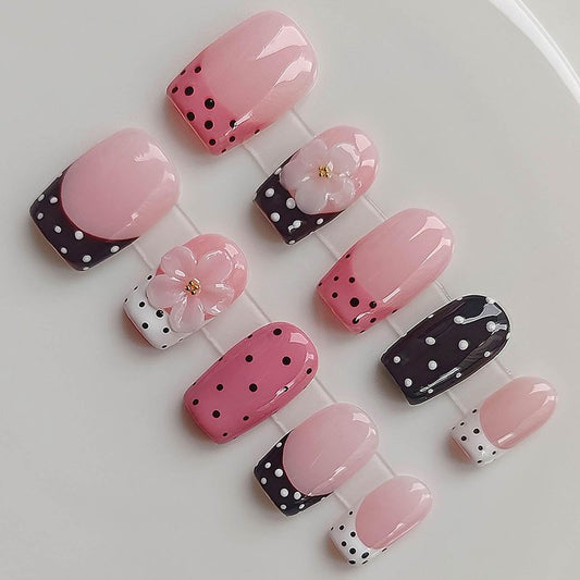 Gleamrain Pink Press on Nails Handmade Short Square-Ins Style M Size-Daily Wear Y2K Cute French Artificial Nails Press Ons Polka Dot and 3D Flower Design for Women 10Pcs Gleamrain Design 405