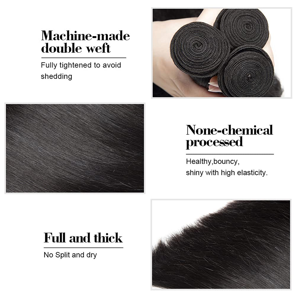 #1B Human Hair Bundles Natural Color Straight Bundles 12 14 16 Inch Balck Bundles Unprocessed Brazilian Virgin Hair 3 Bundle 50 Gram Per Bundle Deals Quick Weave Hair Extensions