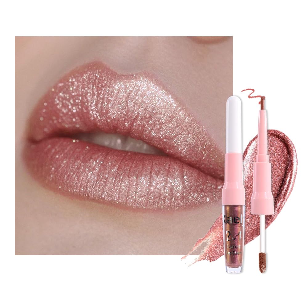Kaely 2-in-1 Mauve Metallic Lipstick and Lip Liner Makeup, Shimmer Liquid Metallic Lipsticks for Women, Glitter Lip Gloss Stain Long Lasting Waterproof Smudge Proof 24 Hour, Vegan & Cruelty-Free, 16