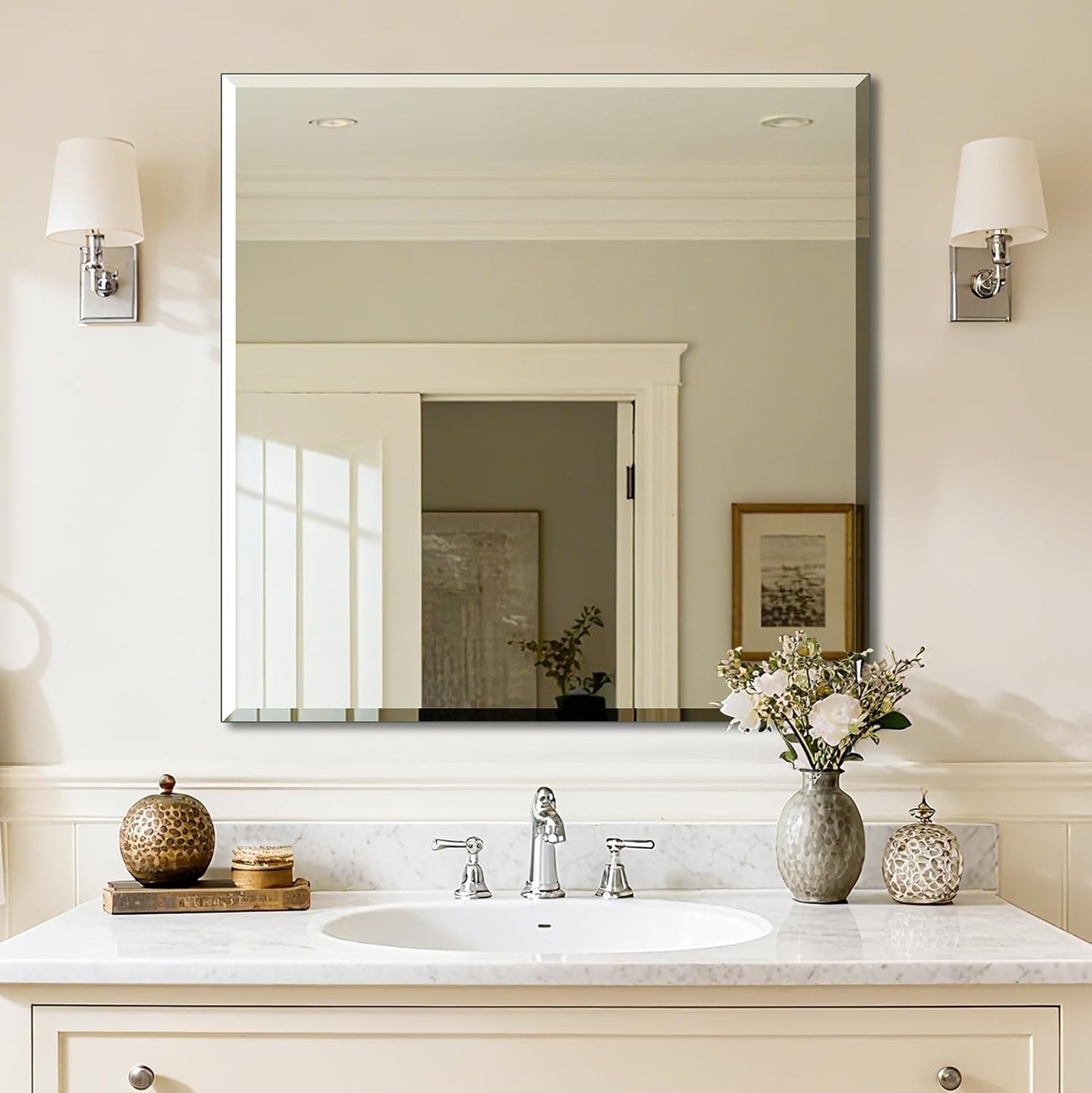 Frameless Bathroom Mirror - Rectangle Beveled Edge, Shatterproof Tempered Glass | 24" x 16" for Versatile Hanging