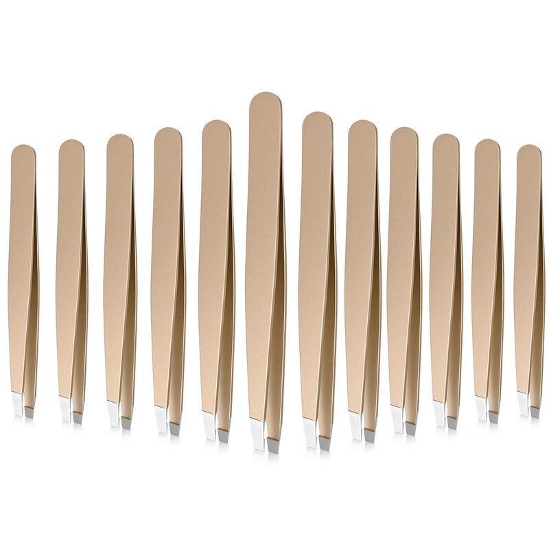 Mudder 12 Pcs Eyebrow Tweezers Set for Facial Hair Stainless Steel Slanted Tip Tweezers in Bulk for Men and Women(Champagne Gold)