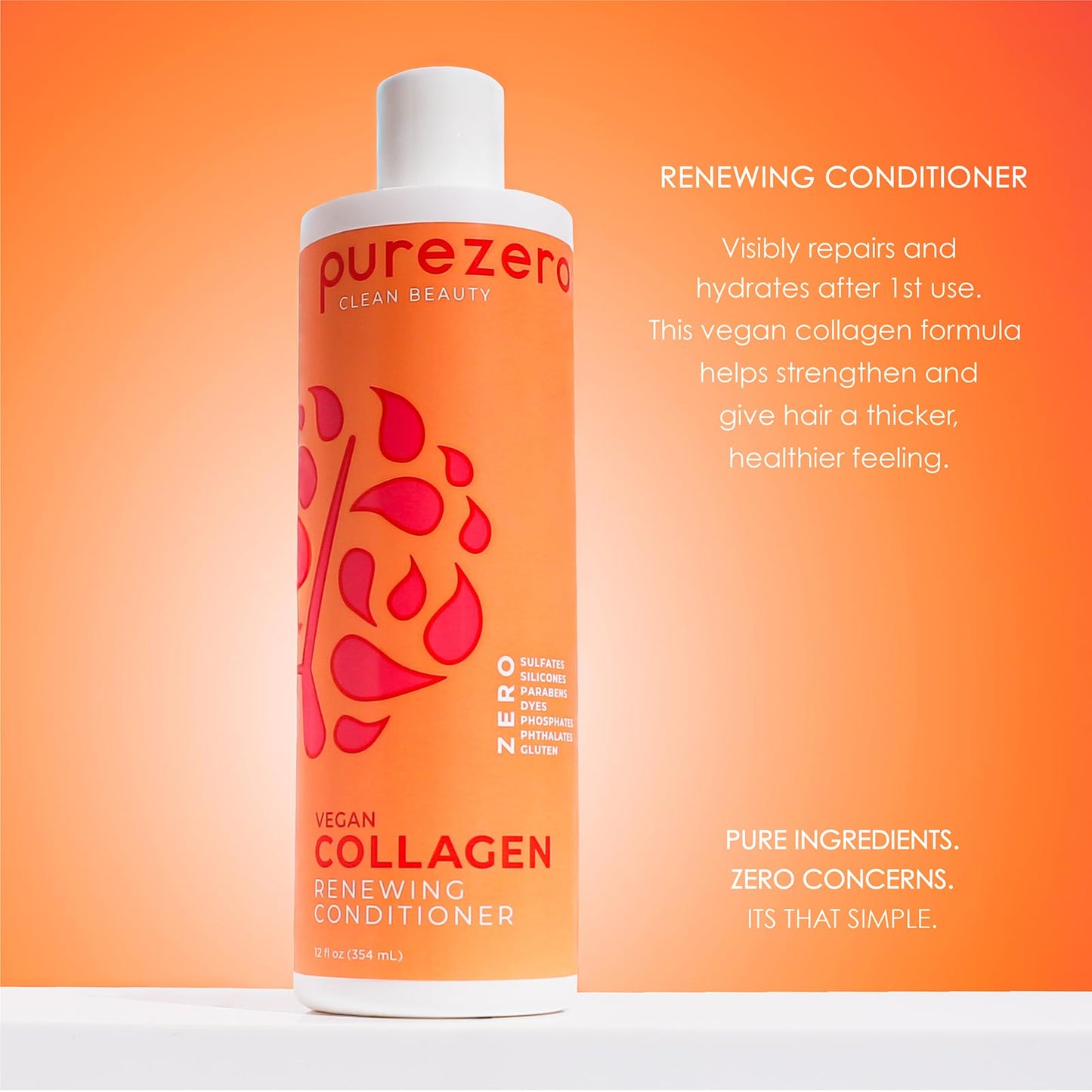 Purezero Collagen Silicone Free Shampoo & Conditioner Set - Strengthening & Hydrating - Duo for Dry or Damaged Hair – Plant-Based Collagen, Sulfate-Free, Paraben-Free, Cruelty-Free, 2 × 12 oz