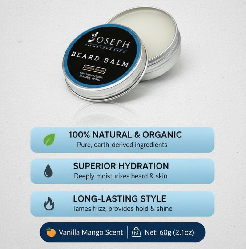 Joseph Signature Line Beard Balm for Men - Beard Growth Balm with Beeswax & Olive Oil - Moisturizing, Hydrating and Softening Cream - Vanilla Mango Scent - 2 oz