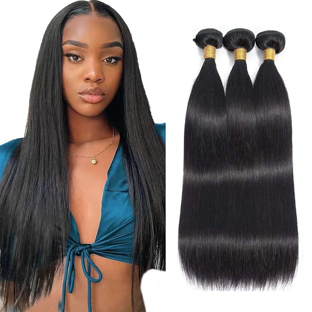 30 32 34 Inch GveoXvo Straight Human Hair Bundles Natural Color Bundle Human Hair Mixed Length 3 Bundles