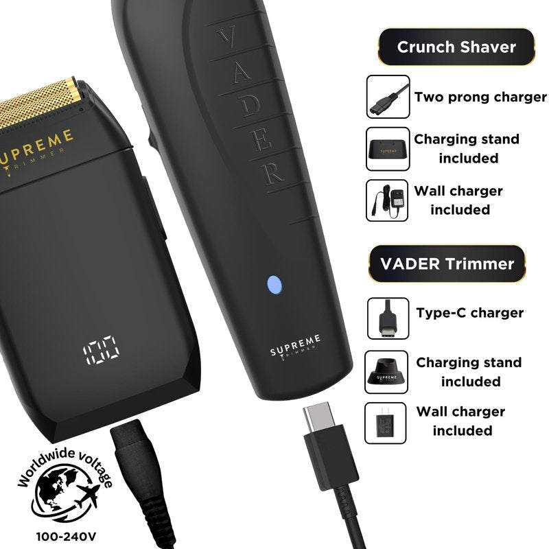 Supreme Trimmer Vader Trimmer & Crunch Foil Shaver Barber Haircutting Kit | Professional DLC T-Blade Beard Trimmer ST3778 & STF602 Waterproof IPX6 Shaver Set | (Black)