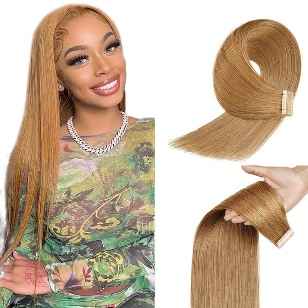 HuxoWax 22 Inch Tape In Human Hair Extensions #27 Honey Blonde Doubles Weft Invisible Straight Human Hair Tape In Extensions #27 Blonde Weave 10 Packs Total 40g