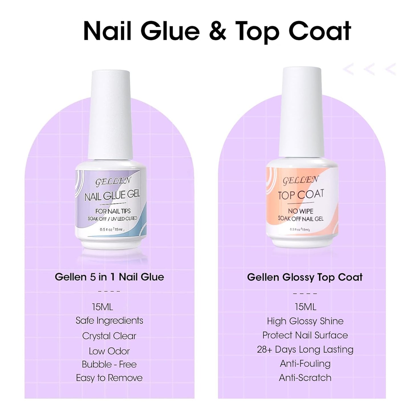 Gellen Nail Glue Gel - 5 in 1 UV Acrylic Nail Adhesive & No Wipe Top Coat | High Shine Finish for DIY Manicure