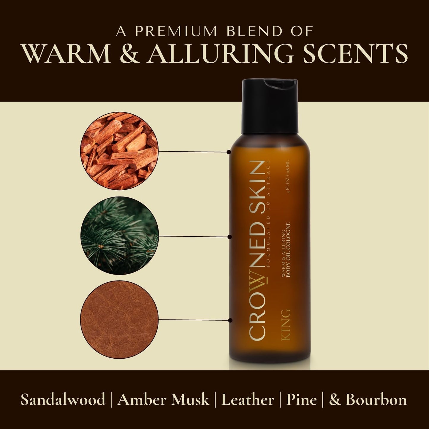 Crowned Skin King Body Oil Cologne for Men | Warm and Alluring Scent | As Seen On Shark Tank | Blended with Sandalwood & Leather | Infused with Jojoba and Grapeseed Oil | All-Day Fragrance | 4oz