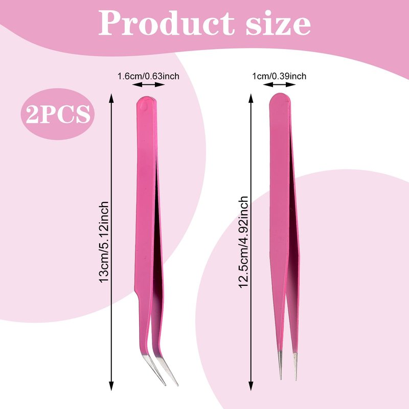 Sticker Tweezers, 2 Pcs Stainless Steel Craft Tweezers Straight and Curved Tip Lash Tweezers for Jewelry Making, Eyelash, Cardmaking, Precision Electronics, Scrapbooking Tools (Rose Red)