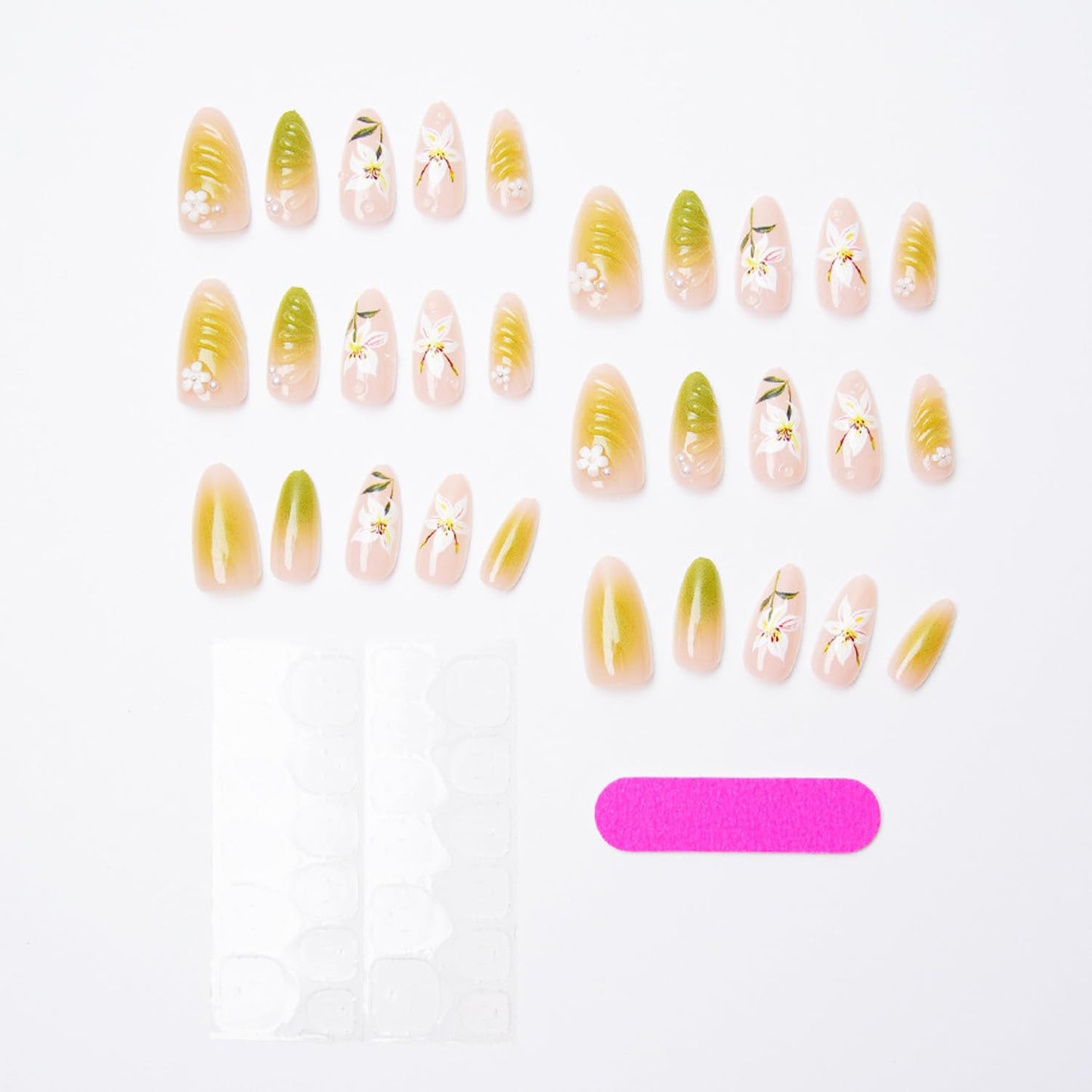 Spring Flower Press-On Nails - Hand-Painted 3D Floral Design | Medium Almond Shape, Green Gradient