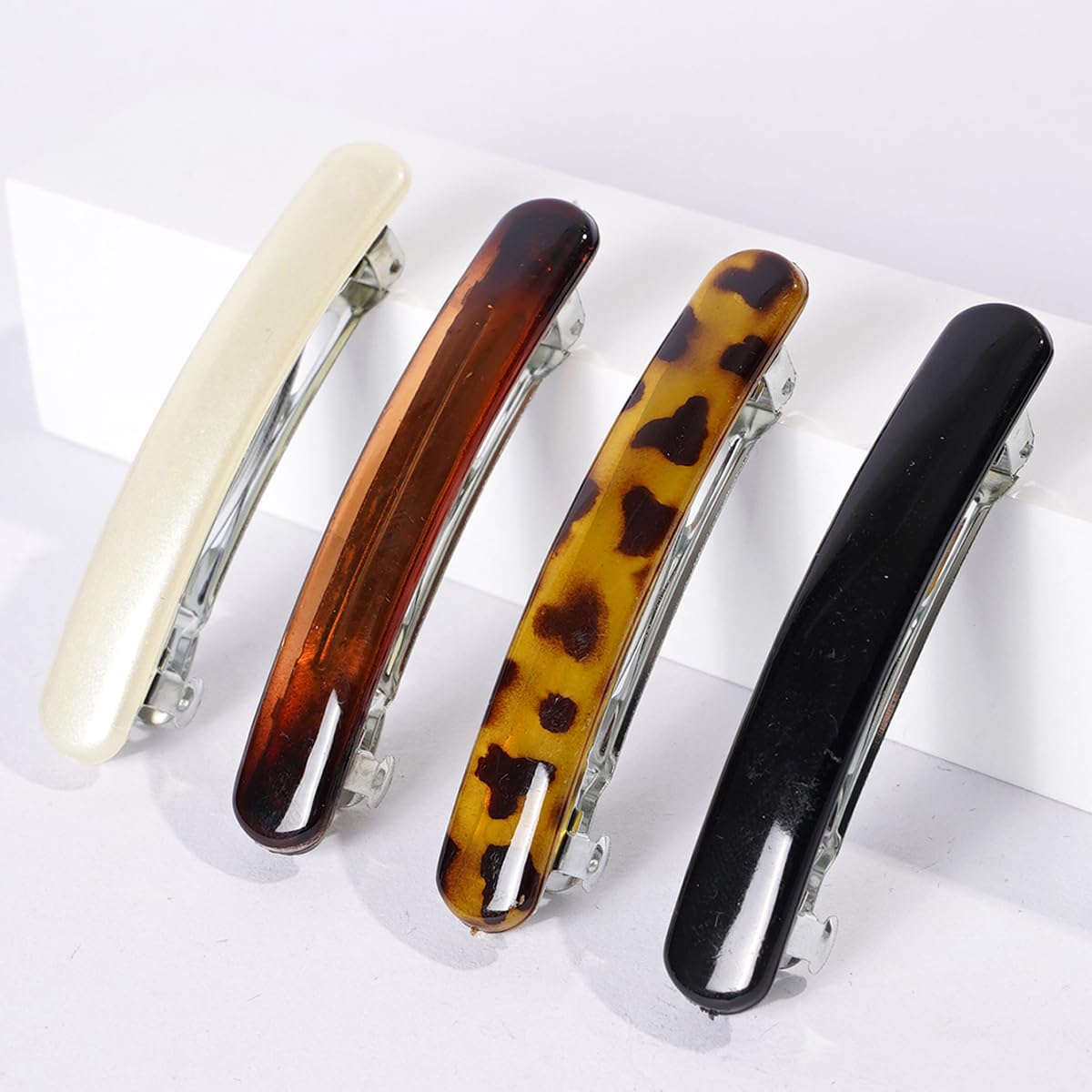 4PCS Tortoise Shell Hair Clips for Women, Oval Classic French Hair Barrettes, Curved Glossy Hair Accessories for Women Thick Long Hair