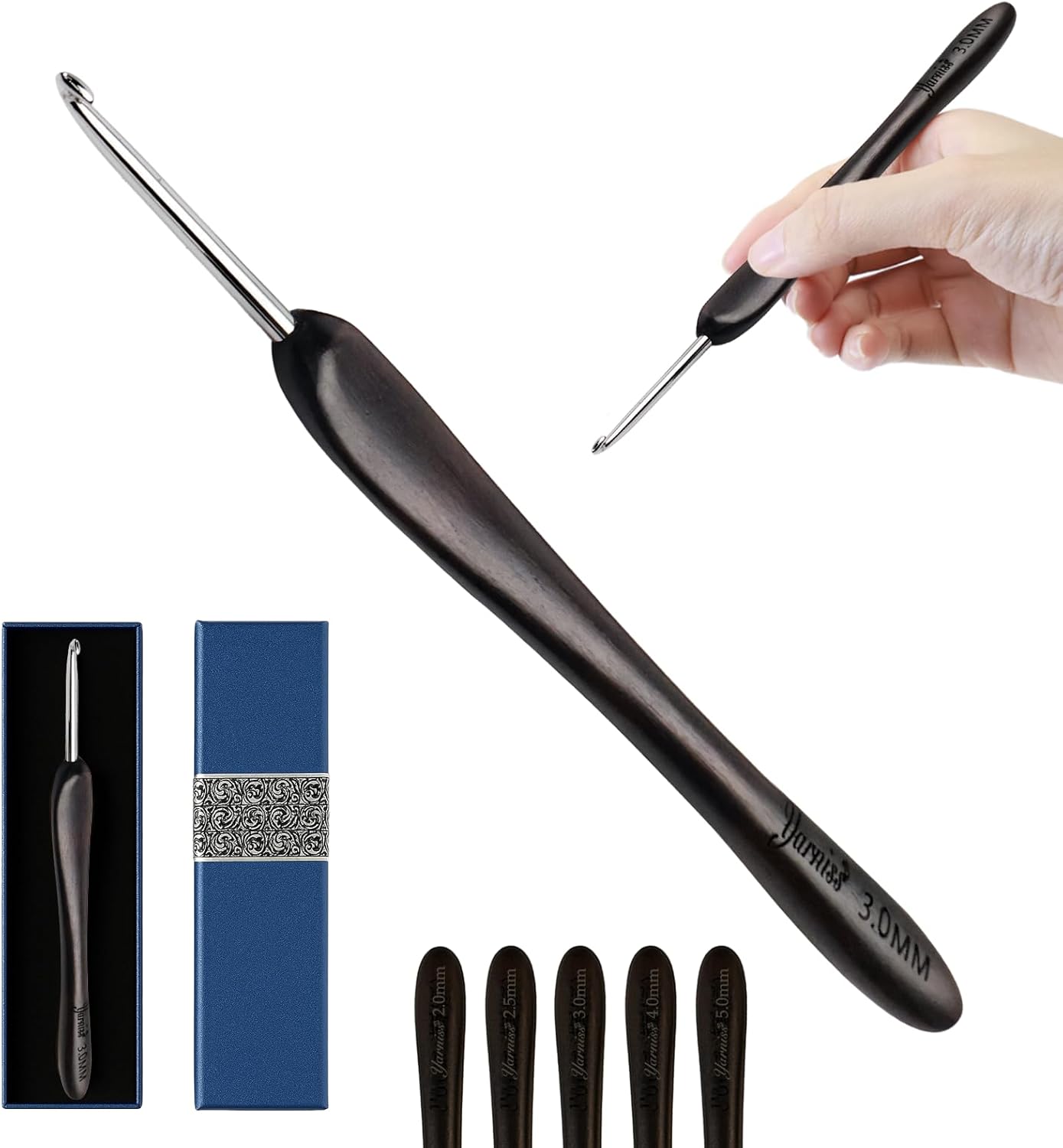 Artisan Stainless Steel Crochet Hooks Set - 2.0-4.0mm Handmade Needles with Ebony Handle for Beginners | Perfect Gift for Crocheters