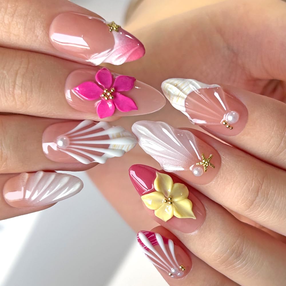 Press On Almond Nails - Handmade 3D Design, Thick Acrylic Gel | Reusable DIY Artificial Nails for Women (10 Pieces)