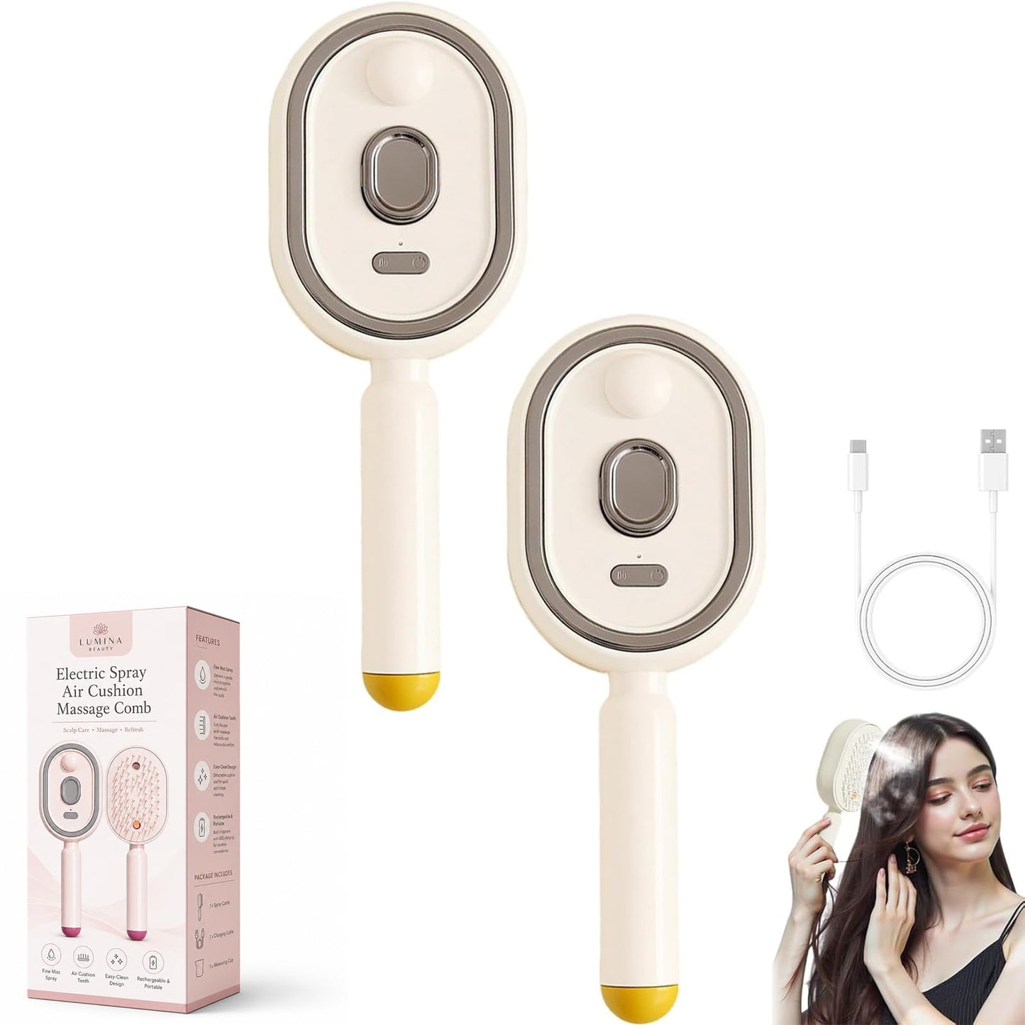 Electric Spray Air Cushion Massage Comb, Rechargeable Mist Hair Brush with Easy-Clean Design, Detangling Hair Comb for Daily Styling, Smooth Grooming, Travel Hair Care