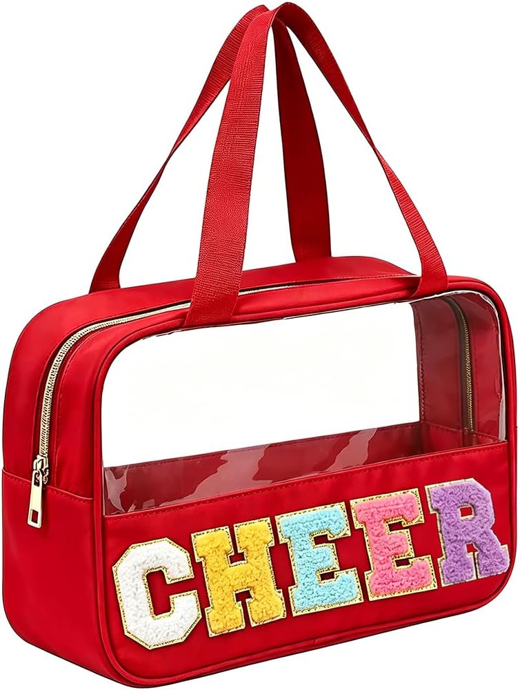 Cheer Makeup Bag - Chenille Letter Patch Clear Cosmetic Organizer | Waterproof Nylon Travel Toiletry Bag for Cheerleaders