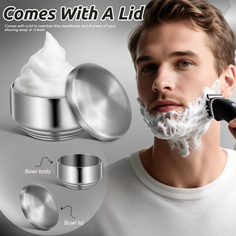 DEARMAMY Stainless Steel Shaving Bowl with Lid, Double Layer Heat Insulation Soap Mug, Mirror Polished Lathering Dish for Traditional Wet Shaving