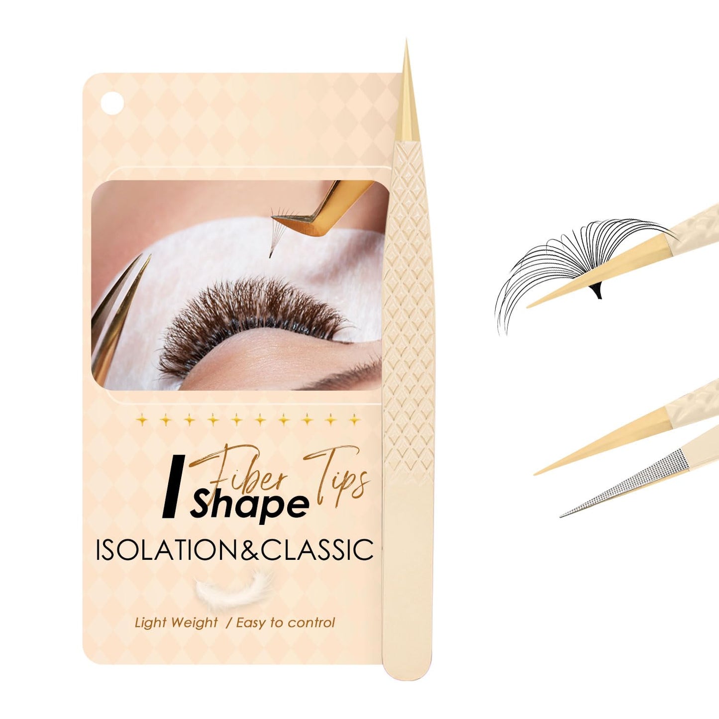 Beeutemaker Beige Fiber Tip Lash Tweezers for Eyelash Extensions – F Shape for Isolation, Professional Precision Tweezers for Lash Technicians