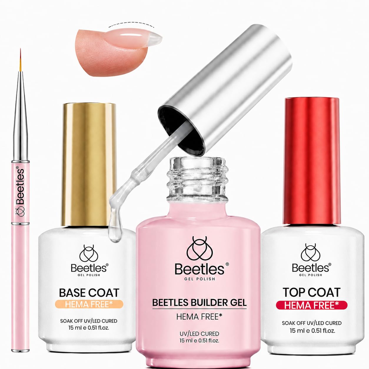 Beetles Nail Glue Set - 3Pcs 15ml HEMA-Free Base Gel & No Wipe Top Coat for Long Lasting Nail Extensions | UV/LED Cured