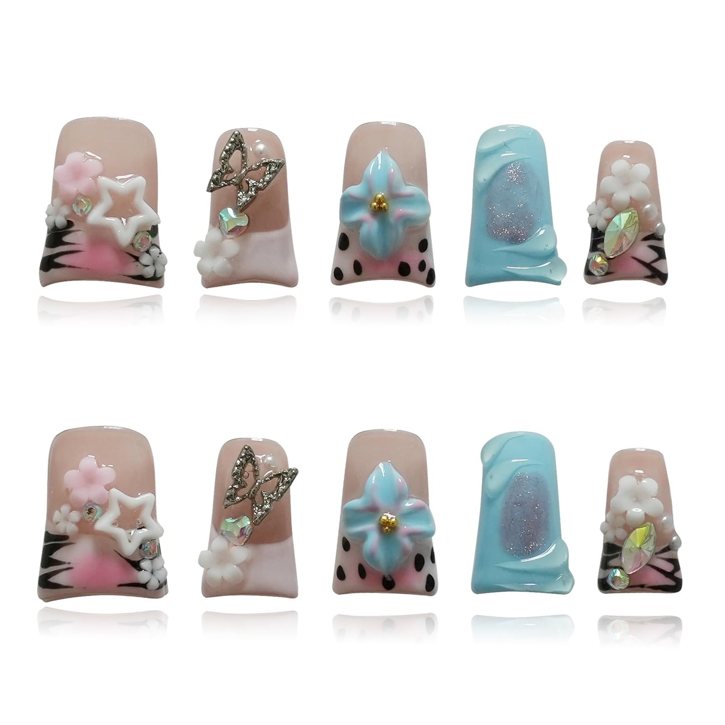 Tesytto Short Duck Press on Nails - 3D Floral Metallic Butterflies False Nails with Pink French Tip & Leopard Print, Pearls Star Luxury Design, Summer Reusable Acrylic Nails (Dance Passion,S)