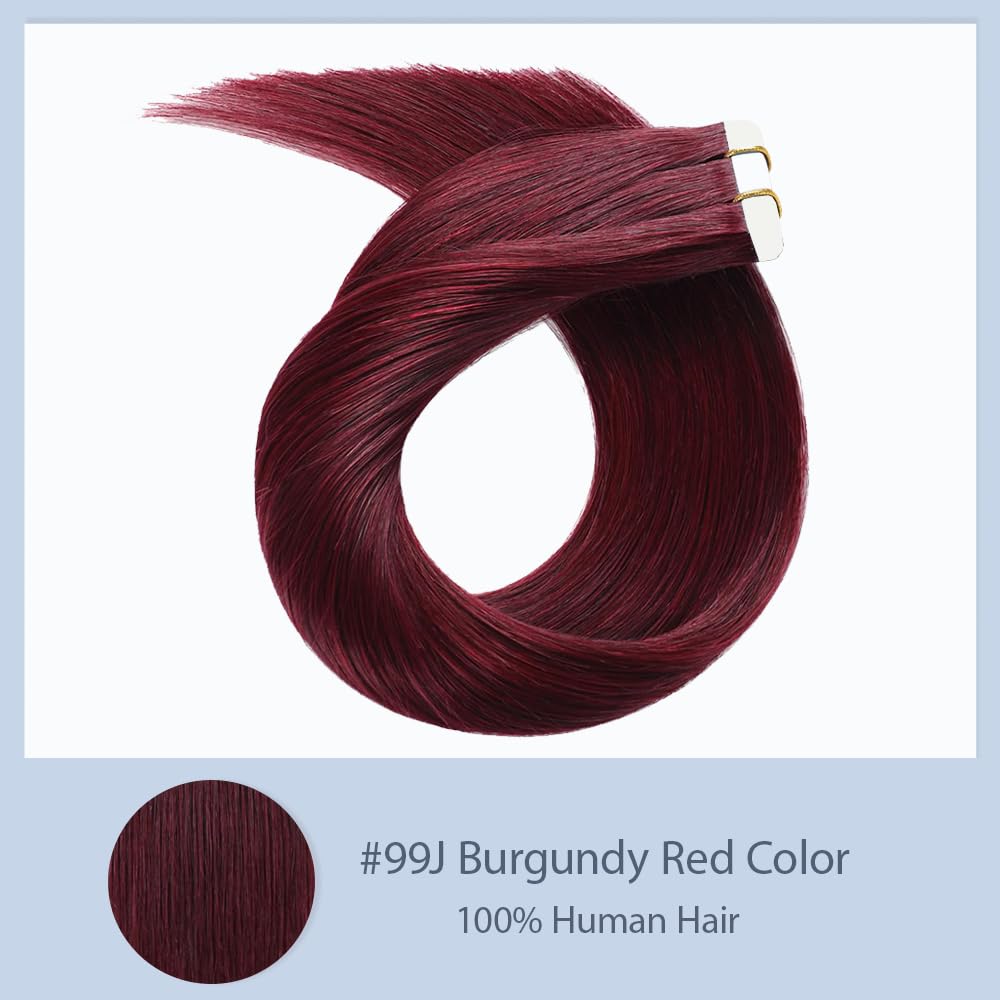 28 Inch #99J Burgundy Tape in Extensions Human Hair Wine Red Straight Tape in Seamless Extensions Real Human Hair Skin Weft Seamless Invisible Remy Hair 40g 10Pcs.