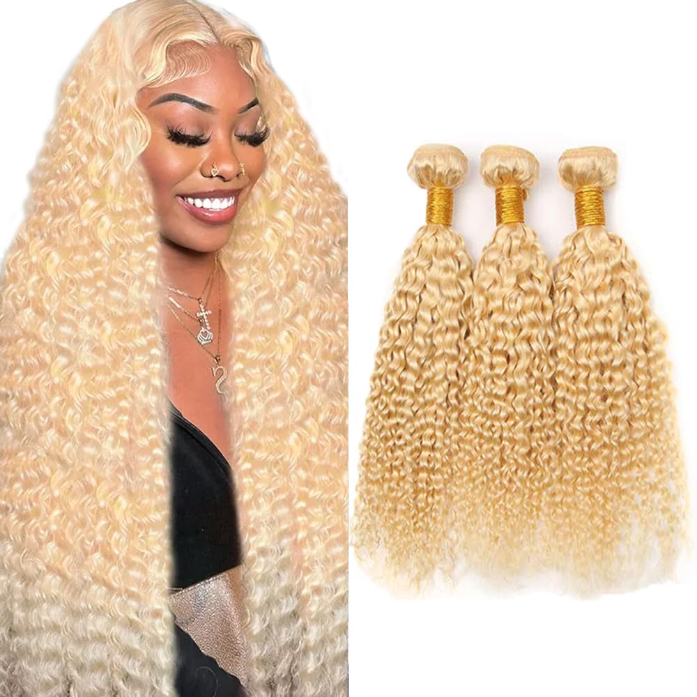 #613 Honey Blonde Human Hair Bundles Blonde Water Wave Bundles 24 26 28 Inch Unprocessed Brazilian Virgin Hair 3 Bundle Deals Quick Weave Hair Extensions 50 Gram Per Bundle