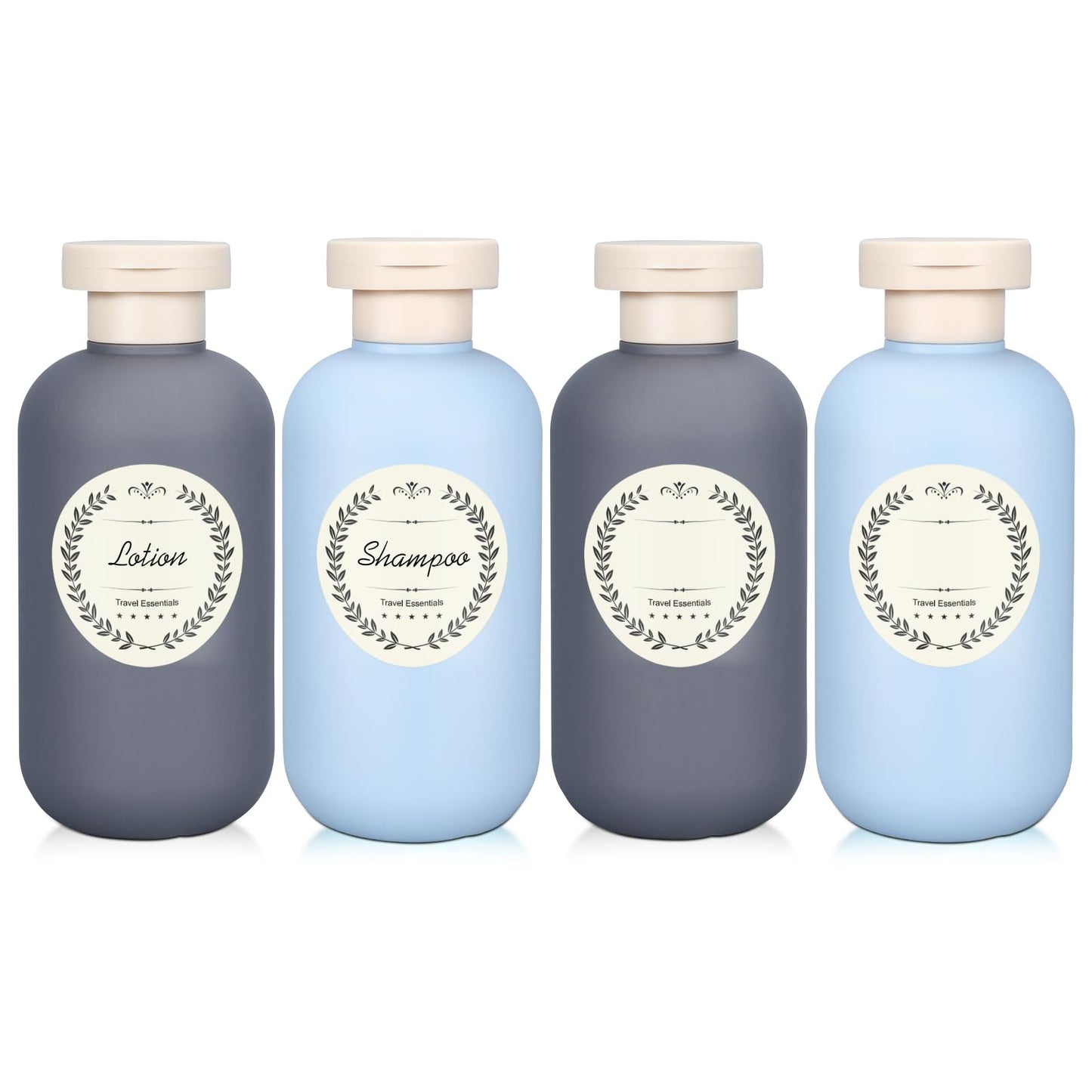 METAPACK 4Pack 6.8oz Travel Shampoo Bottles with Labels, Refillable Travel Bottles, Flip Top Squeeze Bottles, Portable Plastic Toiletry Containers for Lotion, Conditioner & Body Wash(grey, blue)